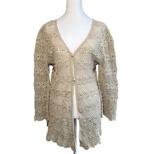 VTG Hand Crocheted Beige Ecru Sweater Top 80s Boho Chic Cottage Womens Large